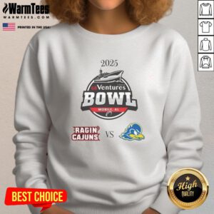 Official Louisiana Ragin' Cajuns vs Delaware Blue Hens 2025 Ventures Bowl sweatshirt showcasing team logos and vibrant colors.