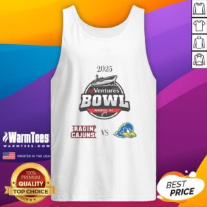 Official Louisiana Ragin' Cajuns vs Delaware Blue Hens 2025 Ventures Bowl tank top showcasing team logos and vibrant design.