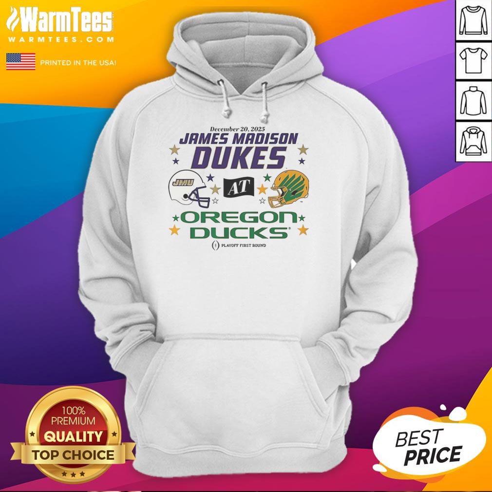 2025 CFP First Round matchup helmet and hoodie for Oregon Ducks vs. James Madison Dukes, showcasing team spirit.