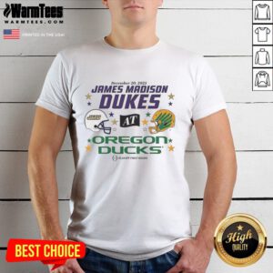 Official Oregon Ducks vs James Madison Dukes 2025 CFP First Round Matchup Helmet T-Shirt featuring team logos and vibrant design.