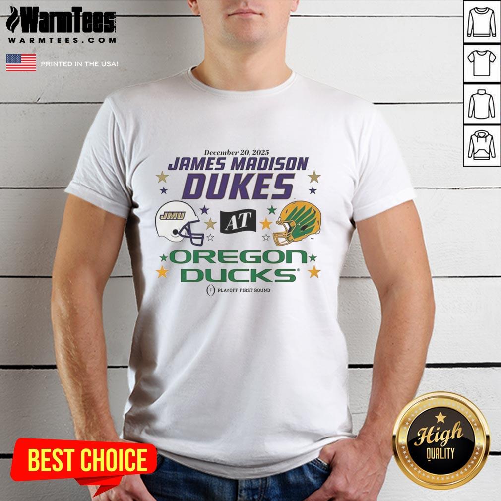 Official Oregon Ducks vs James Madison Dukes 2025 CFP First Round Matchup Helmet T-Shirt featuring team logos and vibrant design.