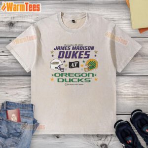 Official Oregon Ducks vs James Madison Dukes 2025 CFP First Round Matchup helmet on a washed t-shirt design.