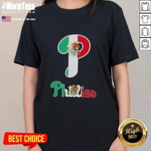 Official Philadelphia Phillies Baseball X Mexican Flag Ladies Tee featuring vibrant colors and stylish design.