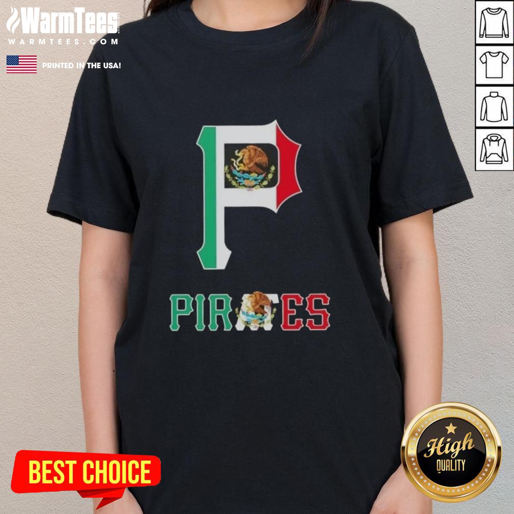 Official Pittsburgh Pirates Baseball ladies tee featuring a vibrant Mexican flag design, perfect for fans and fashion.