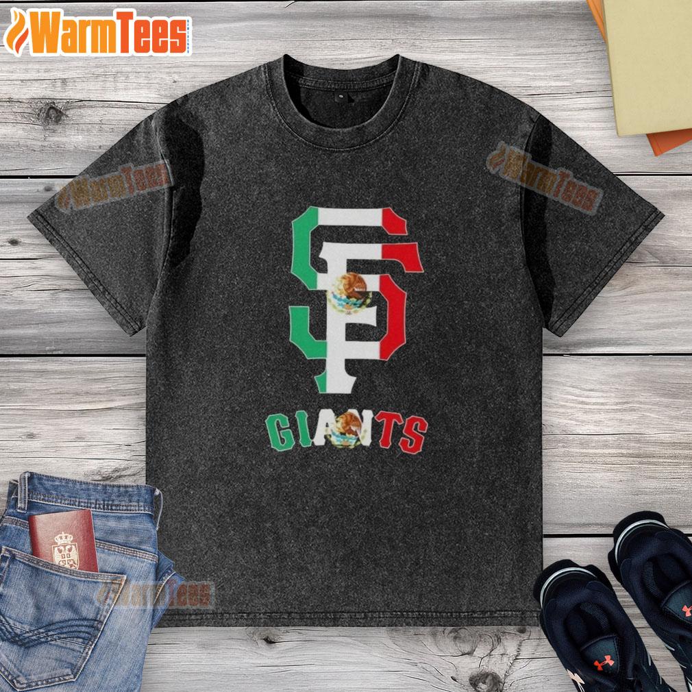 Alt Text: Official San Francisco Giants baseball t-shirt featuring a vibrant Mexican flag design, perfect for fans and collectors.