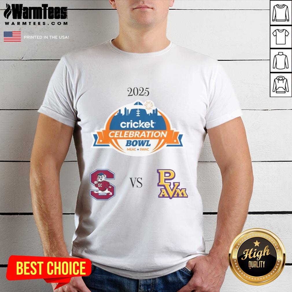 Official South Carolina State Bulldogs vs Prairie View A&M Panthers 2025 Celebration Bowl T-Shirt design featuring team logos.