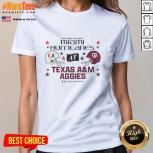 Official Texas A&M Aggies vs Miami Hurricanes 2025 CFP First Round Matchup helmet on a ladies tee shirt.