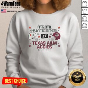 Alt Text: Official Texas A&M Aggies vs Miami Hurricanes 2025 CFP first round matchup helmet sweatshirt showcasing team pride.