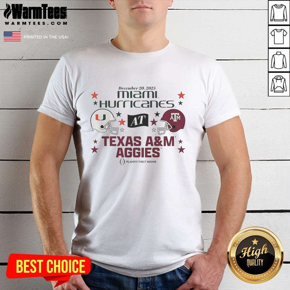 Official Texas A&M Aggies vs Miami Hurricanes 2025 CFP First Round Matchup Helmet T-Shirt design featuring team logos.