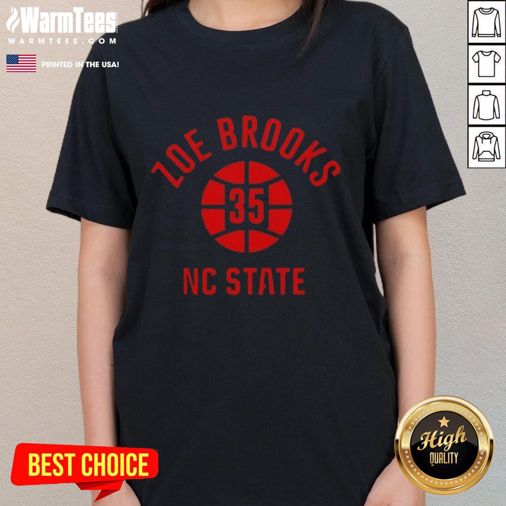 NC State Basketball Zoe Brooks Name Number Ball 35 Ladies Tee featuring vibrant team colors and stylish design.