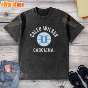 Alt Text: Caleb Wilson UNC Tar Heels basketball washed t-shirt featuring name and number 8, perfect for fans and collectors.