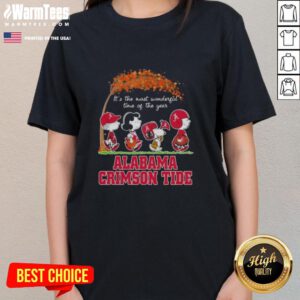 Alt Text: Premium Alabama Crimson Tide tee featuring Snoopy and friends for autumn, celebrating the most wonderful time of the year.