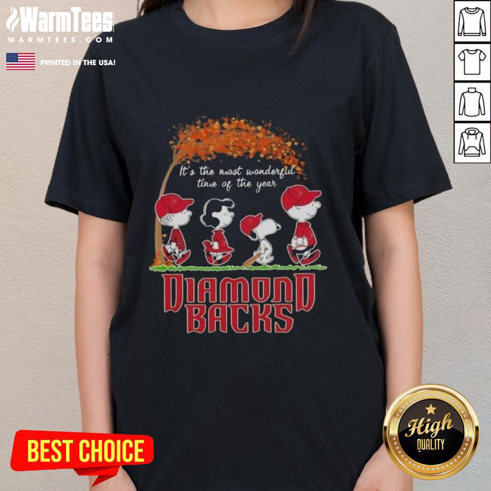 Premium Arizona Diamondbacks X Peanuts Snoopy and Friends autumn tee for women, celebrating 'It's The Most Wonderful Time'.