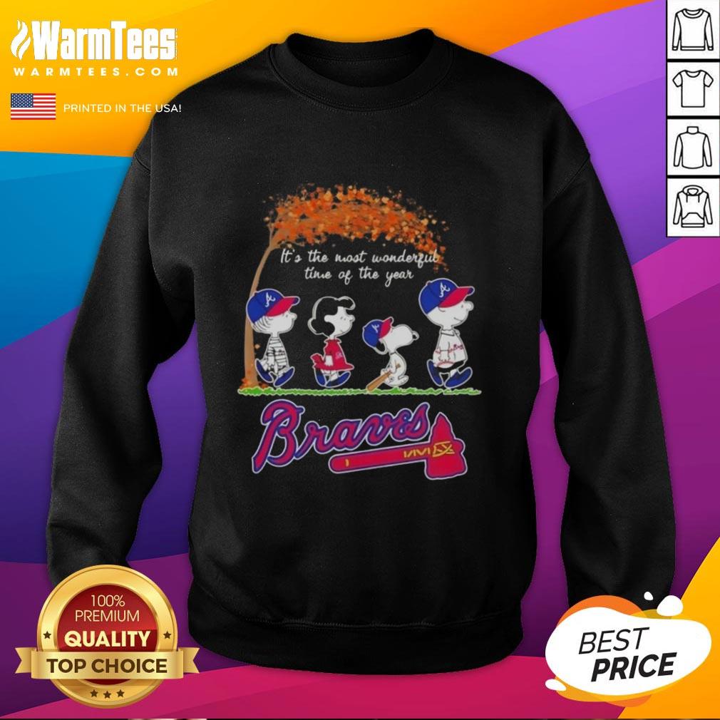 Premium Atlanta Braves X Peanuts Snoopy sweatshirt for autumn, featuring 'It's The Most Wonderful Time Of The Year' design.