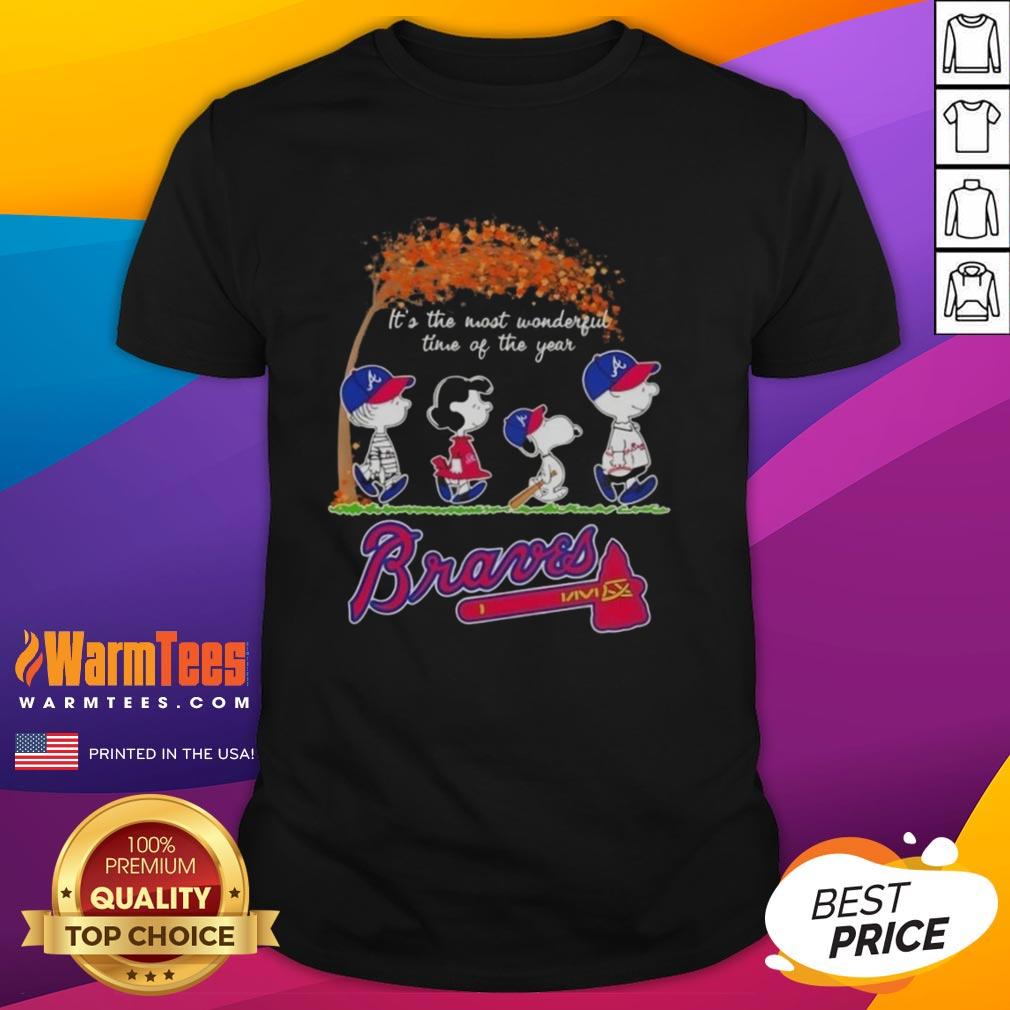 Alt Text: Premium Atlanta Braves X Peanuts Snoopy and Friends autumn t-shirt celebrating It's The Most Wonderful Time of The Year.