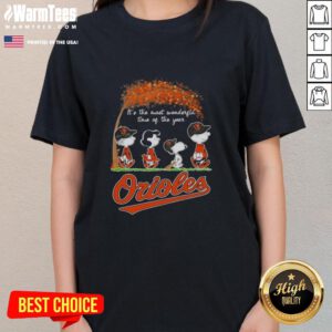 Alt Text: Premium Baltimore Orioles X Peanuts Snoopy and Friends autumn tee for women, celebrating the joy of the season.