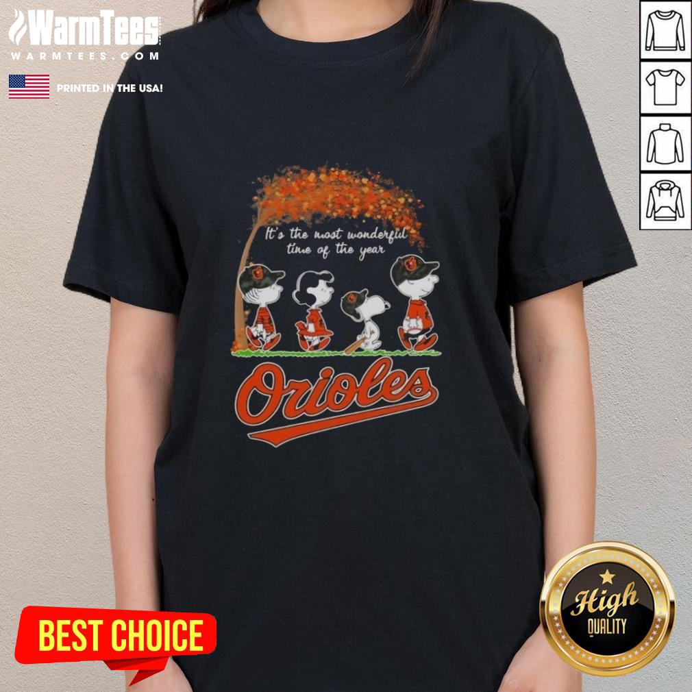 Alt Text: Premium Baltimore Orioles X Peanuts Snoopy and Friends autumn tee for women, celebrating the joy of the season.