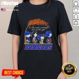Alt Text: Premium Boise State Broncos X Peanuts Snoopy autumn tee for women, celebrating 'It's the Most Wonderful Time of the Year'.