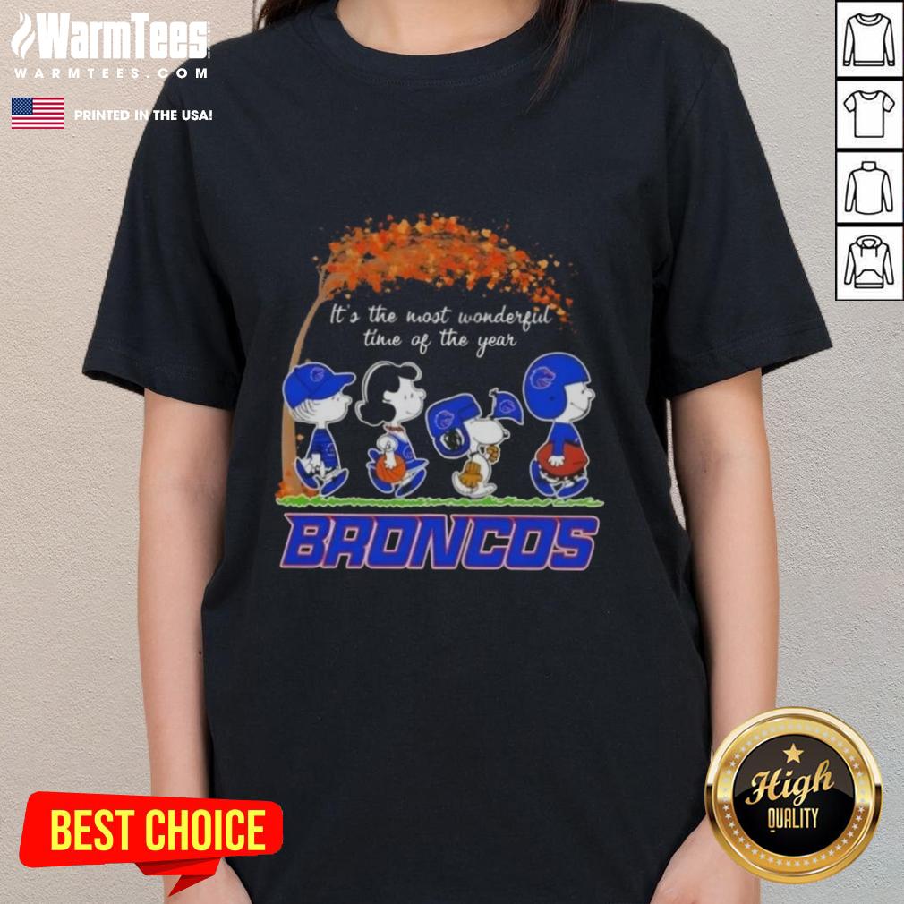 Alt Text: Premium Boise State Broncos X Peanuts Snoopy autumn tee for women, celebrating 'It's the Most Wonderful Time of the Year'.