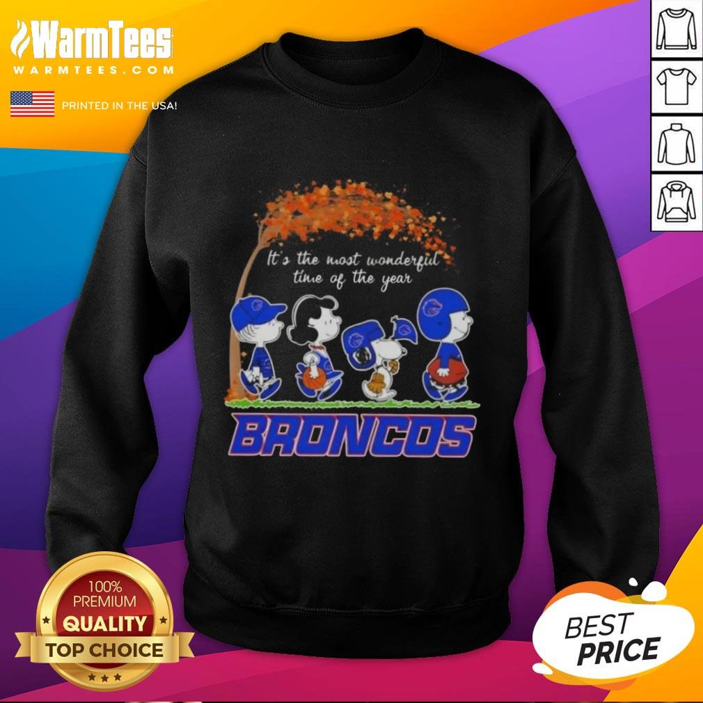 Alt Text: Premium Boise State Broncos X Peanuts Snoopy sweatshirt for autumn, celebrating the most wonderful time of the year.