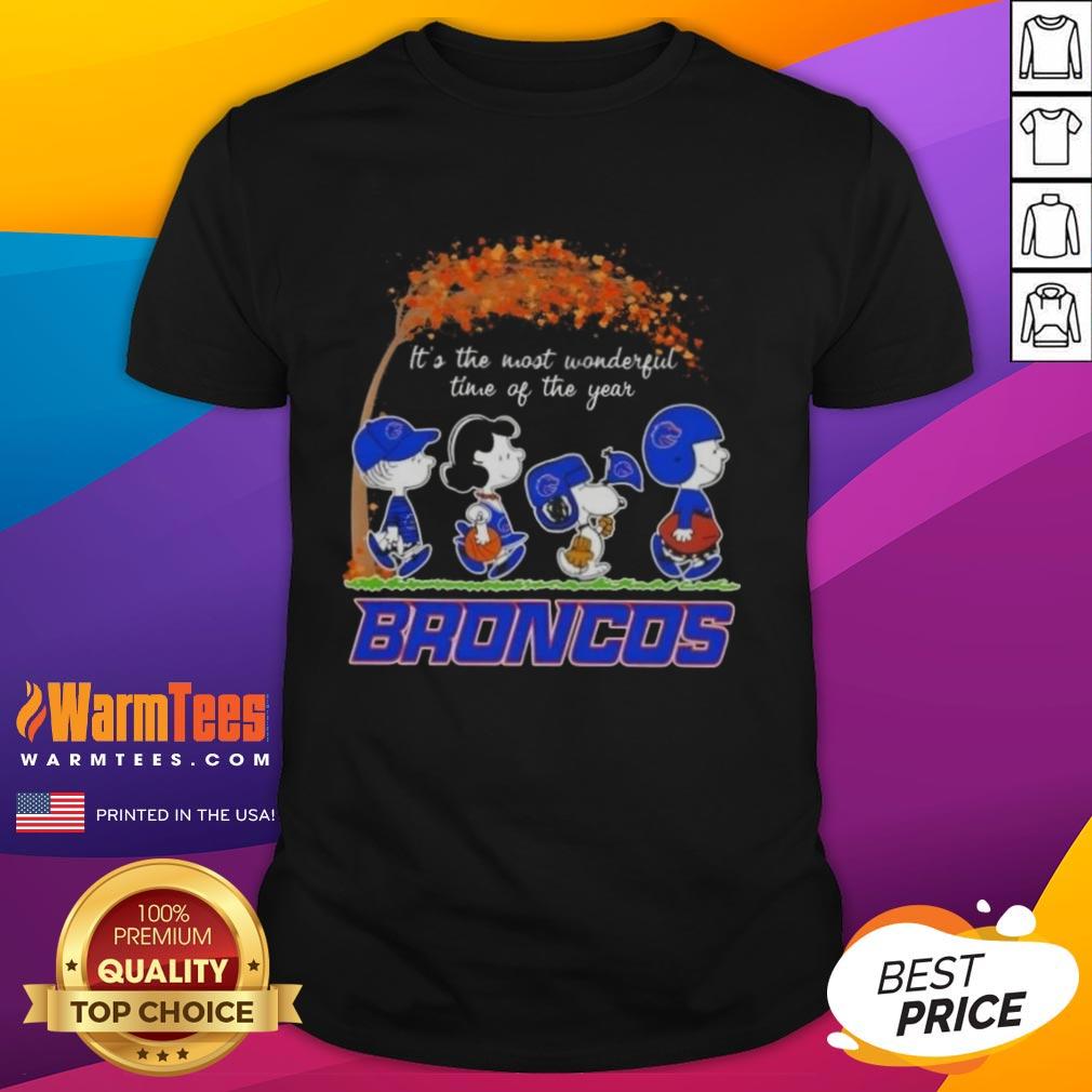 Premium Boise State Broncos X Peanuts Snoopy T-Shirt for autumn, celebrating 'It's the Most Wonderful Time of the Year.'