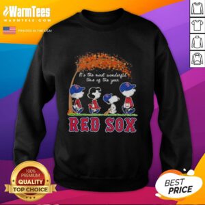 Alt Text: Cozy Premium Boston Red Sox sweatshirt featuring Snoopy and friends, perfect for autumn celebrations and sports fans.