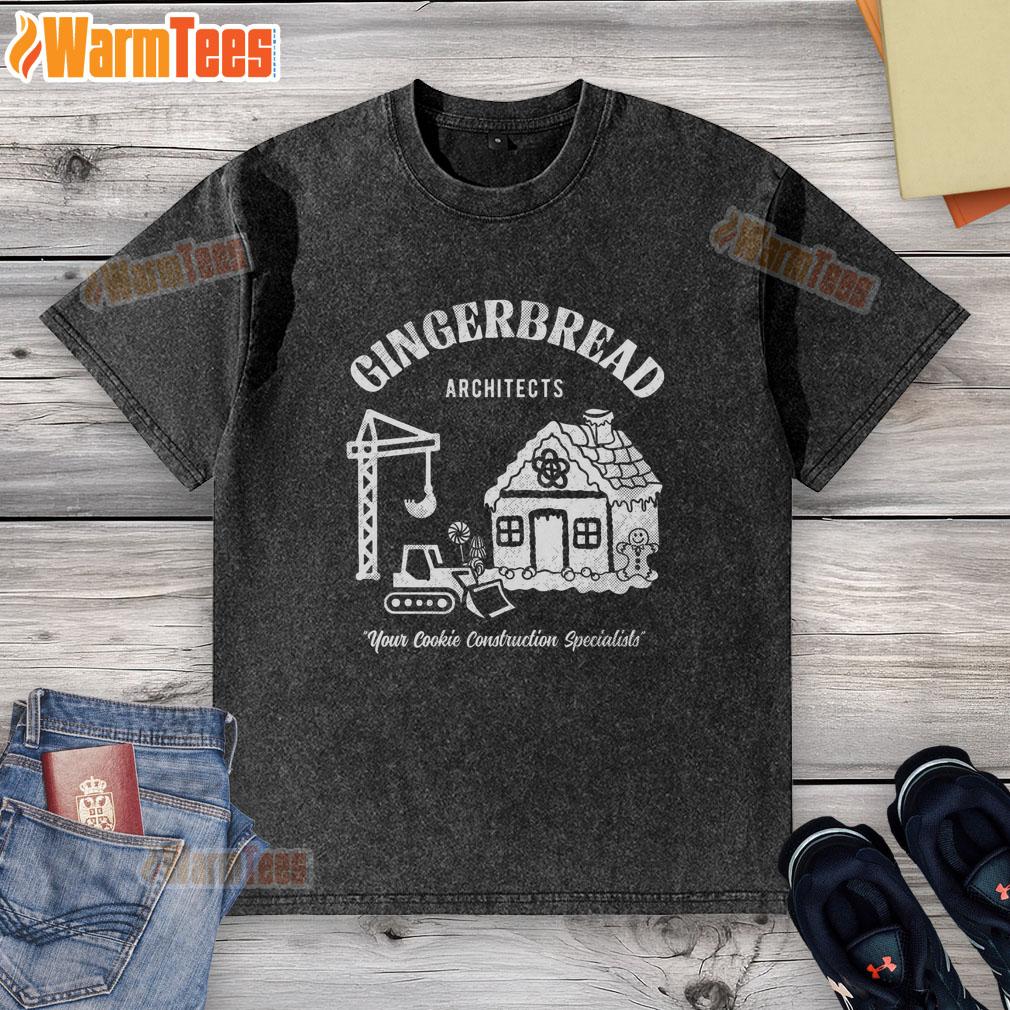 Premium Gingerbread Architects washed t-shirt featuring cookie construction specialists design for baking enthusiasts.