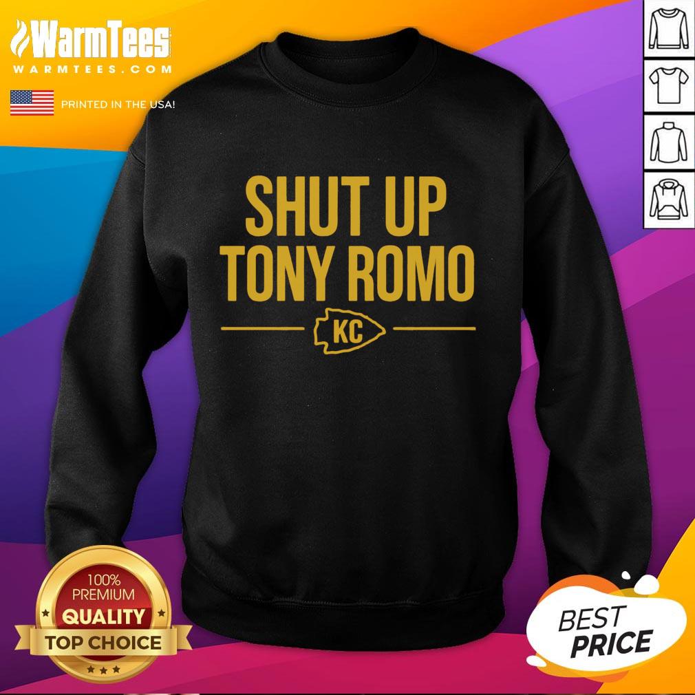 Premium Shut Up Tony Romo KC Sweatshirt in navy blue, featuring a bold graphic design, perfect for sports fans.