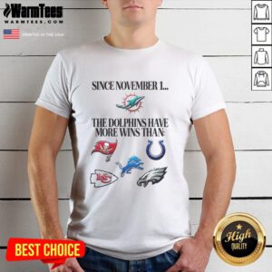 Premium T-shirt featuring 'The Miami Dolphins Have More Wins Since November 1' slogan, perfect for fans and sports enthusiasts.