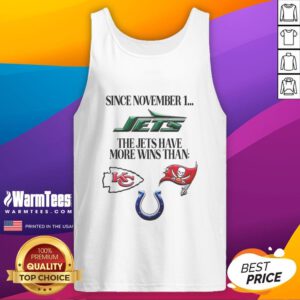 Alt Text: New York Jets logo with text highlighting more wins than tank tops since November 1, showcasing team success.