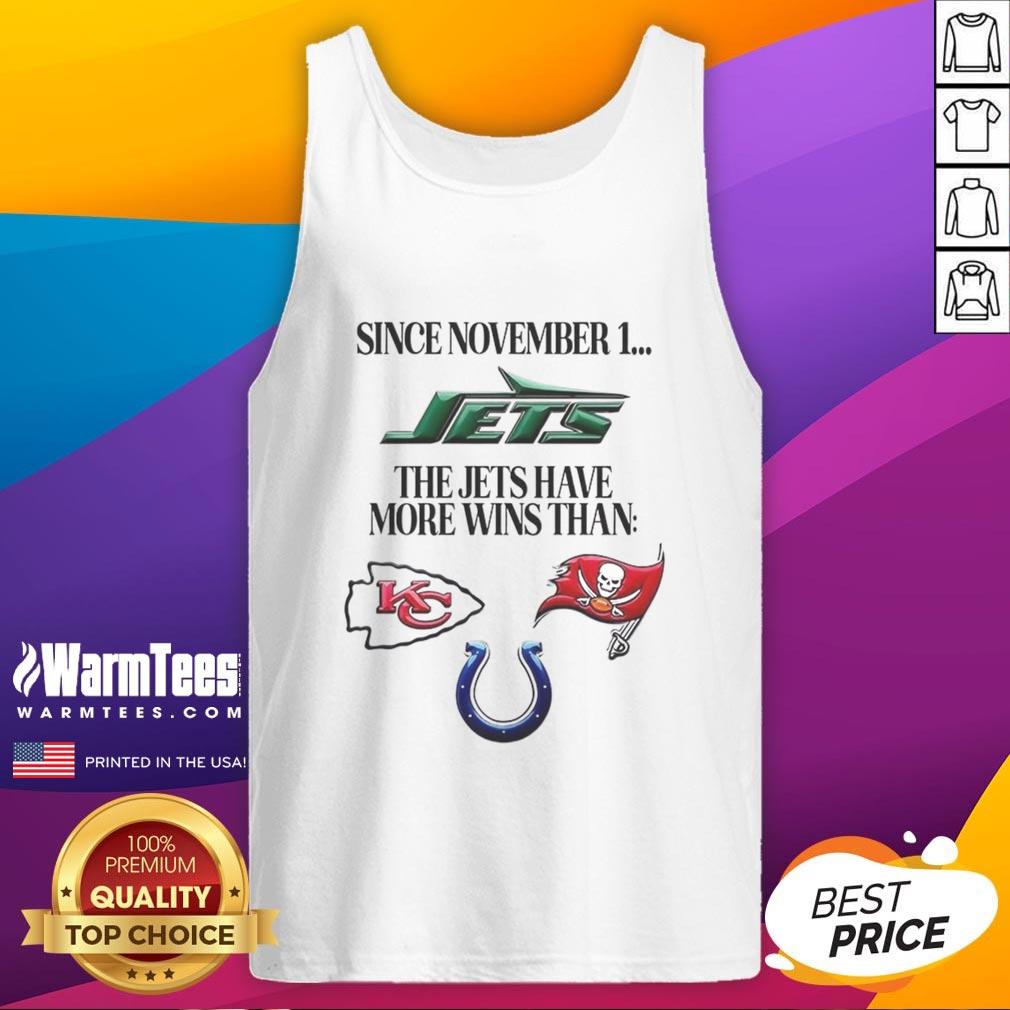 Alt Text: New York Jets logo with text highlighting more wins than tank tops since November 1, showcasing team success.