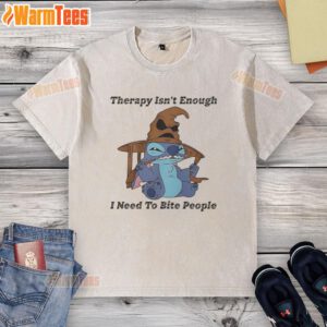 Alt Text: Premium Stitch Therapy Isn't Enough I Need to Bite People washed t-shirt, featuring bold text design on soft fabric.