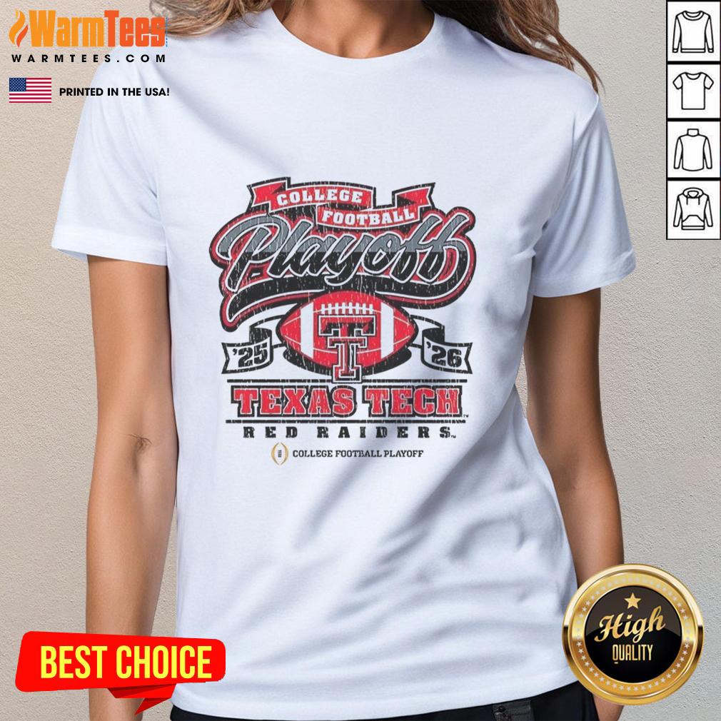 Alt Text: Premium Texas Tech Red Raiders College Football Playoff 2025-2026 ladies tee displayed on a hanger.
