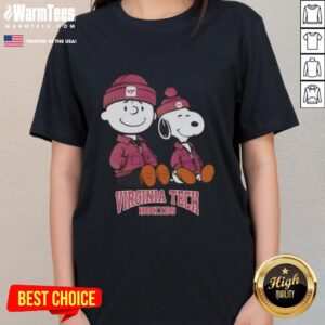 Alt Text: Premium Virginia Tech Hokies X Snoopy and Charlie Brown ladies tee featuring vibrant graphics and soft fabric.