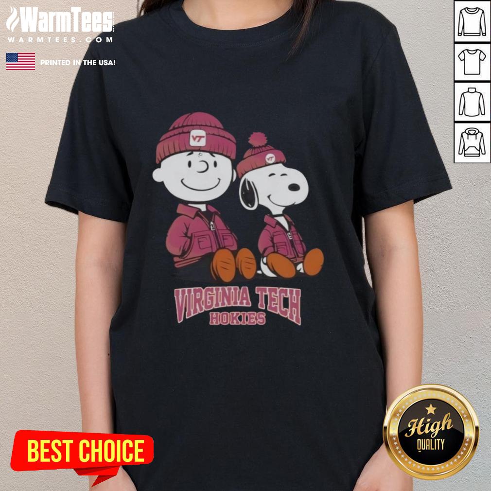 Alt Text: Premium Virginia Tech Hokies X Snoopy and Charlie Brown ladies tee featuring vibrant graphics and soft fabric.