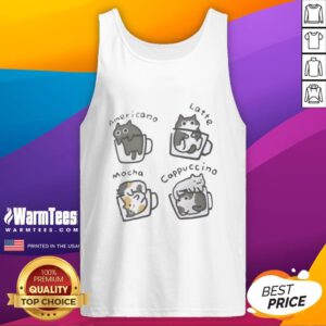 Cute cat with a cappuccino, wearing a tank top featuring a pretty cat design, perfect for cat lovers.