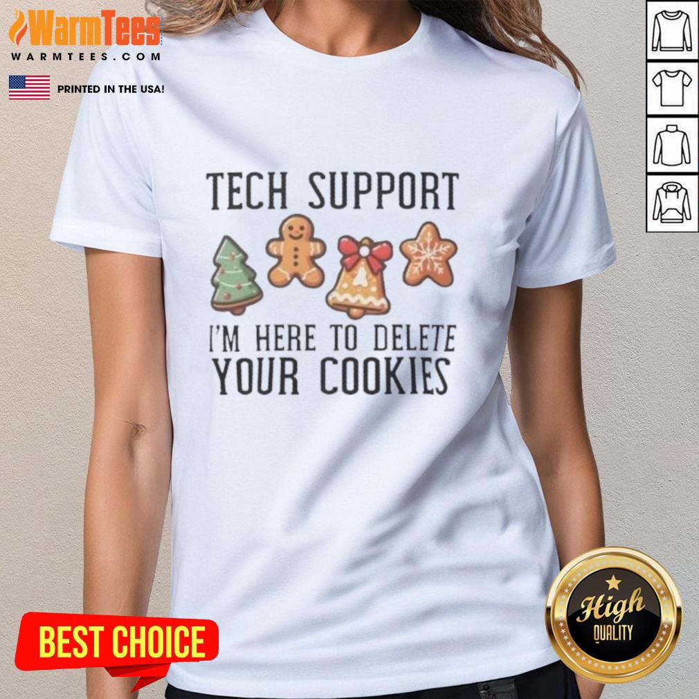Funny Christmas ladies tee featuring tech support humor about deleting cookies. Perfect for holiday celebrations!