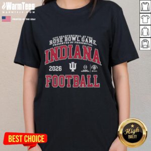 Alt Text: 2026 Rose Bowl game featuring Indiana Hoosiers in CFP quarterfinals, presented by Prudential, ladies' tee design.