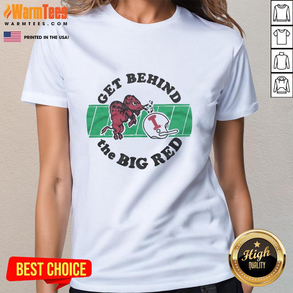 Alt Text: Top Indiana University Get Behind The Big Red Ladies Tee featuring bold graphics and vibrant colors for fans.