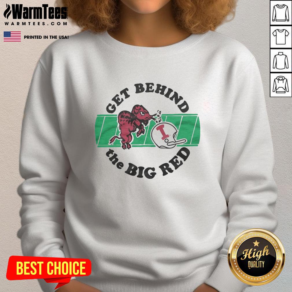 Alt Text: Top Indiana University Get Behind The Big Red Sweatshirt displayed on a mannequin in a campus shop.