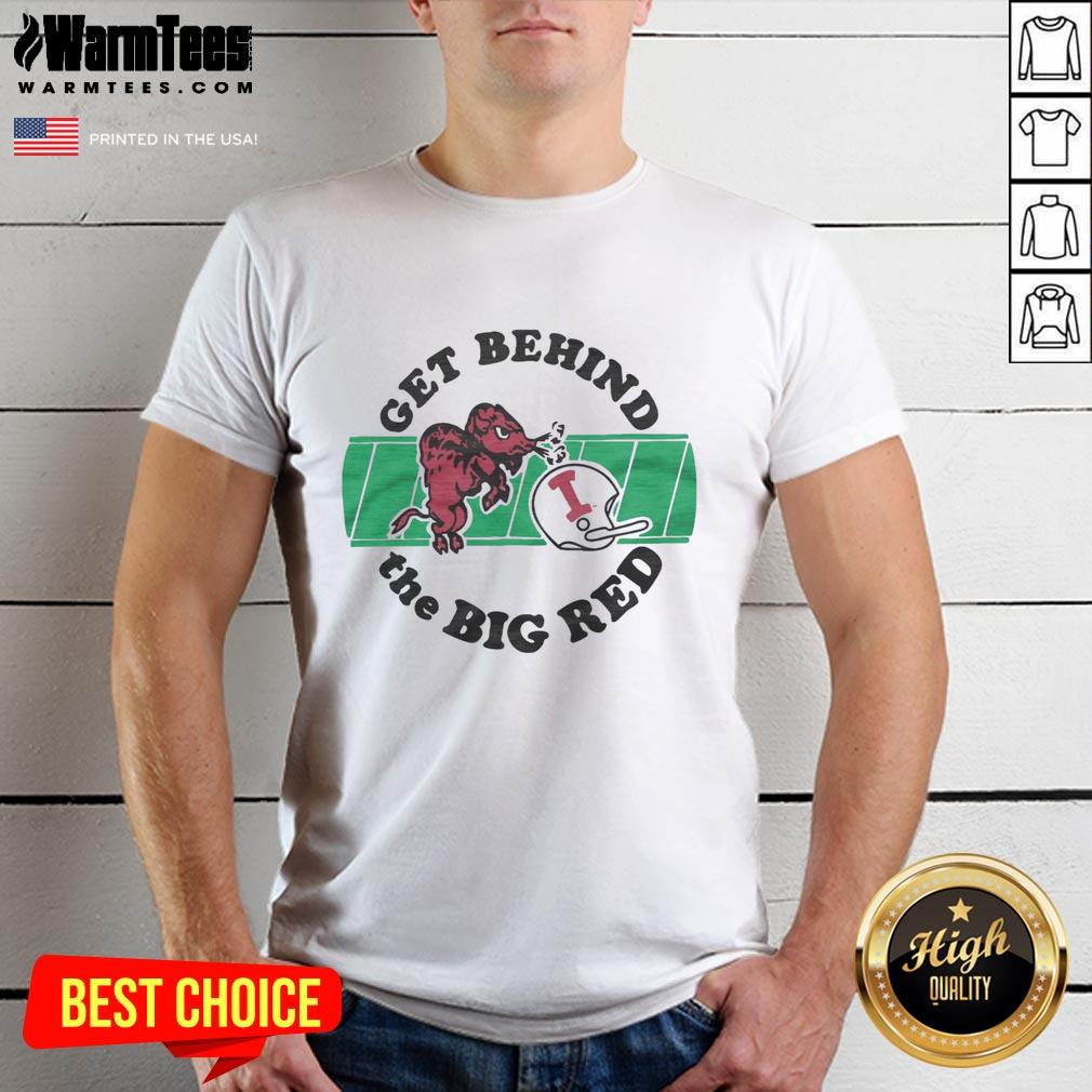Alt Text: Top Indiana University Get Behind The Big Red T-Shirt featuring bold red design and university logo.