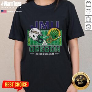 Top James Madison Dukes vs Oregon Ducks NCAA CFP 2025 Autzen Field helmet on a ladies tee, showcasing team spirit.