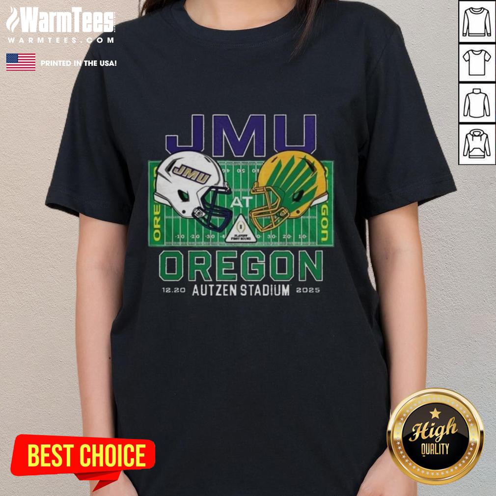 Top James Madison Dukes vs Oregon Ducks NCAA CFP 2025 Autzen Field helmet on a ladies tee, showcasing team spirit.