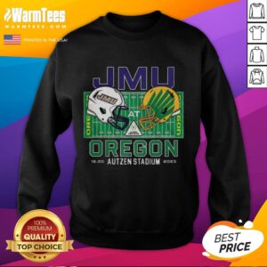 Top James Madison Dukes vs Oregon Ducks NCAA CFP 2025 Autzen Field sweatshirt featuring vibrant team logos.