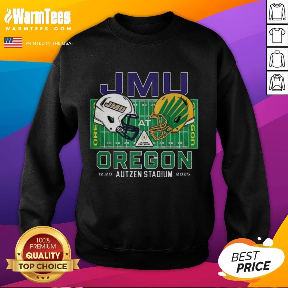 Top James Madison Dukes vs Oregon Ducks NCAA CFP 2025 Autzen Field sweatshirt featuring vibrant team logos.