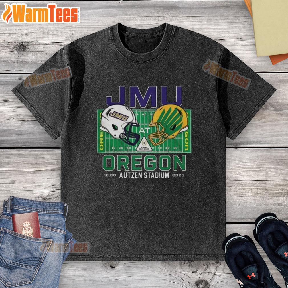 James Madison Dukes vs Oregon Ducks NCAA CFP 2025 Autzen Field helmet washed t-shirt featuring team logos and colors.