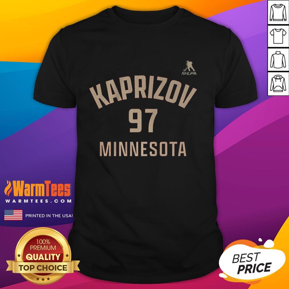 Alt Text: Top Kirill Kaprizov Minnesota Wild T-Shirt featuring name and number 97, perfect for ice hockey fans.