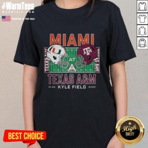 Top Miami Hurricanes vs Texas A&M Aggies NCAA Kyle Field 2025 helmet ladies tee showcasing team spirit and style.