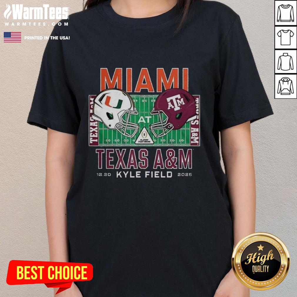 Top Miami Hurricanes vs Texas A&M Aggies NCAA Kyle Field 2025 helmet ladies tee showcasing team spirit and style.
