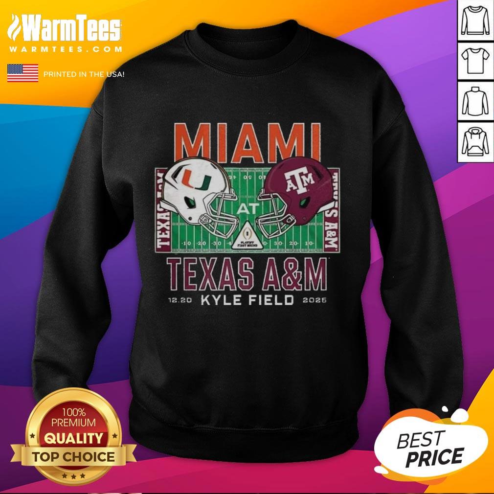 Alt Text: Miami Hurricanes vs Texas A&M Aggies NCAA 2025 helmet sweatshirt featuring vibrant team colors and logos.